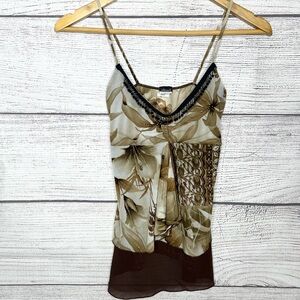 Y2K Gidani Tropical Brown Floral Boho Beaded Spaghetti Strap Camisole Size Small